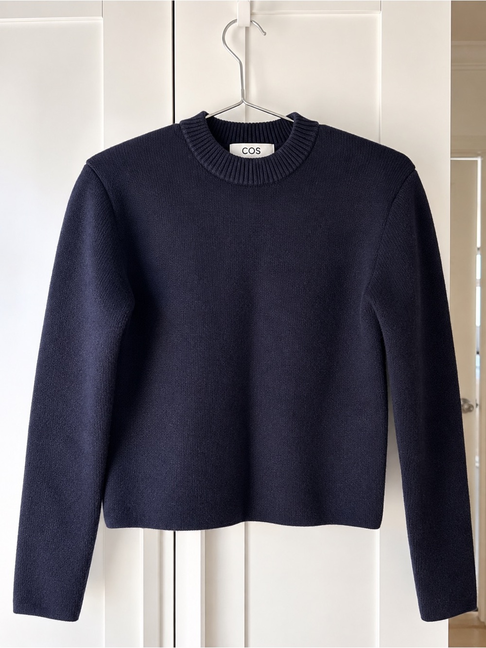 COS Sculpted Shoulder Merino Wool Navy Sweater XS